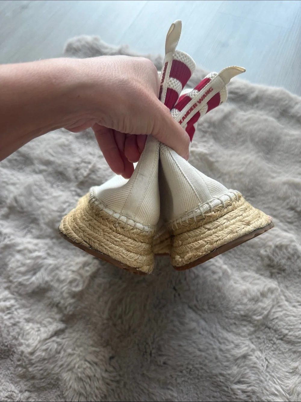 Alexander Wang Cream Canvas Espadrille Ankle Boots with Red Trim